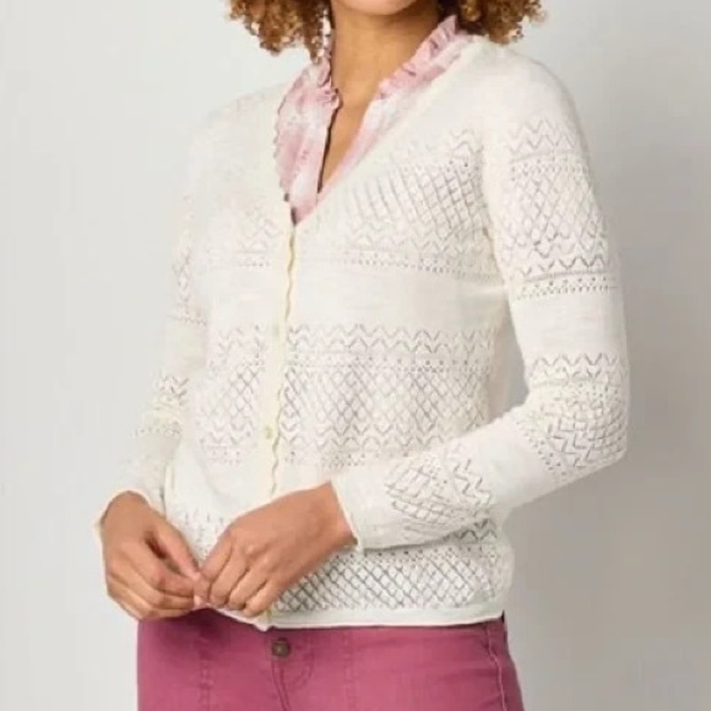 Frye Pointelle Cotton Long Sleeve Cardigan Sweater Ivory Cream Lightweight Small